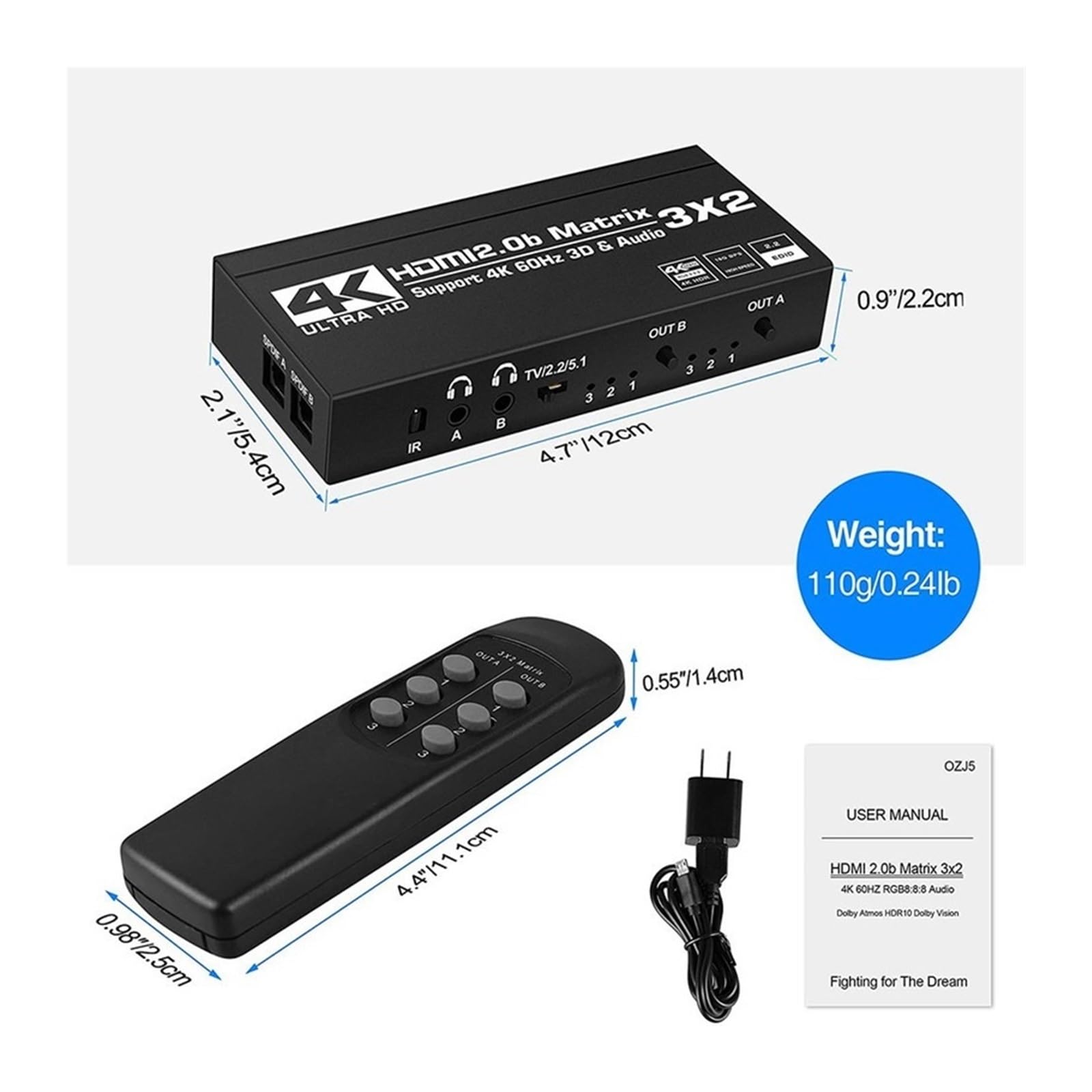 Interruttore video, Matrix Switch Splitter con SPDIF e L/R 3,5 mm HDR HDMI2.0 3x2 Supporto HP 2. ARC 3D 4K@60Hz for PS5 per uffici domestici, data center(Plu-g)