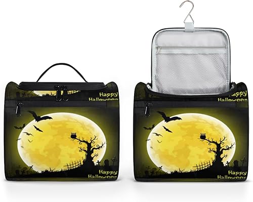 Miniatura 1 de Bolsa de aseo con temática de Halloween para mujer, organizador de maquillaje de viaje con gancho para colgar, bolsas de cosméticos de viaje para