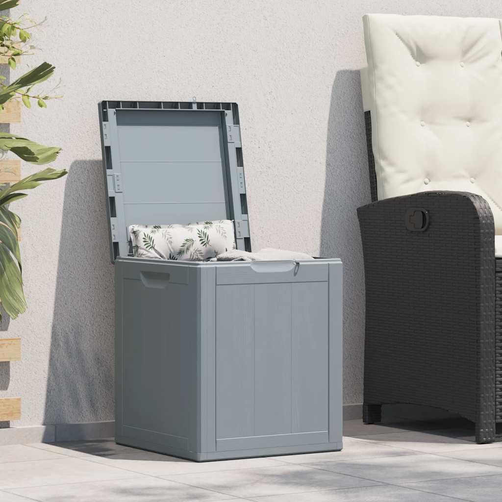 Garten-Aufbewahrungsbox 90 L Grau PP-Holzoptik wetterfest UV-beständig für Kissen, Auflagen, Geräte, Stauraum, Terrasse, Balkon, Outdoor, wasserdicht, abschließbar, mit Deckel und Rollen