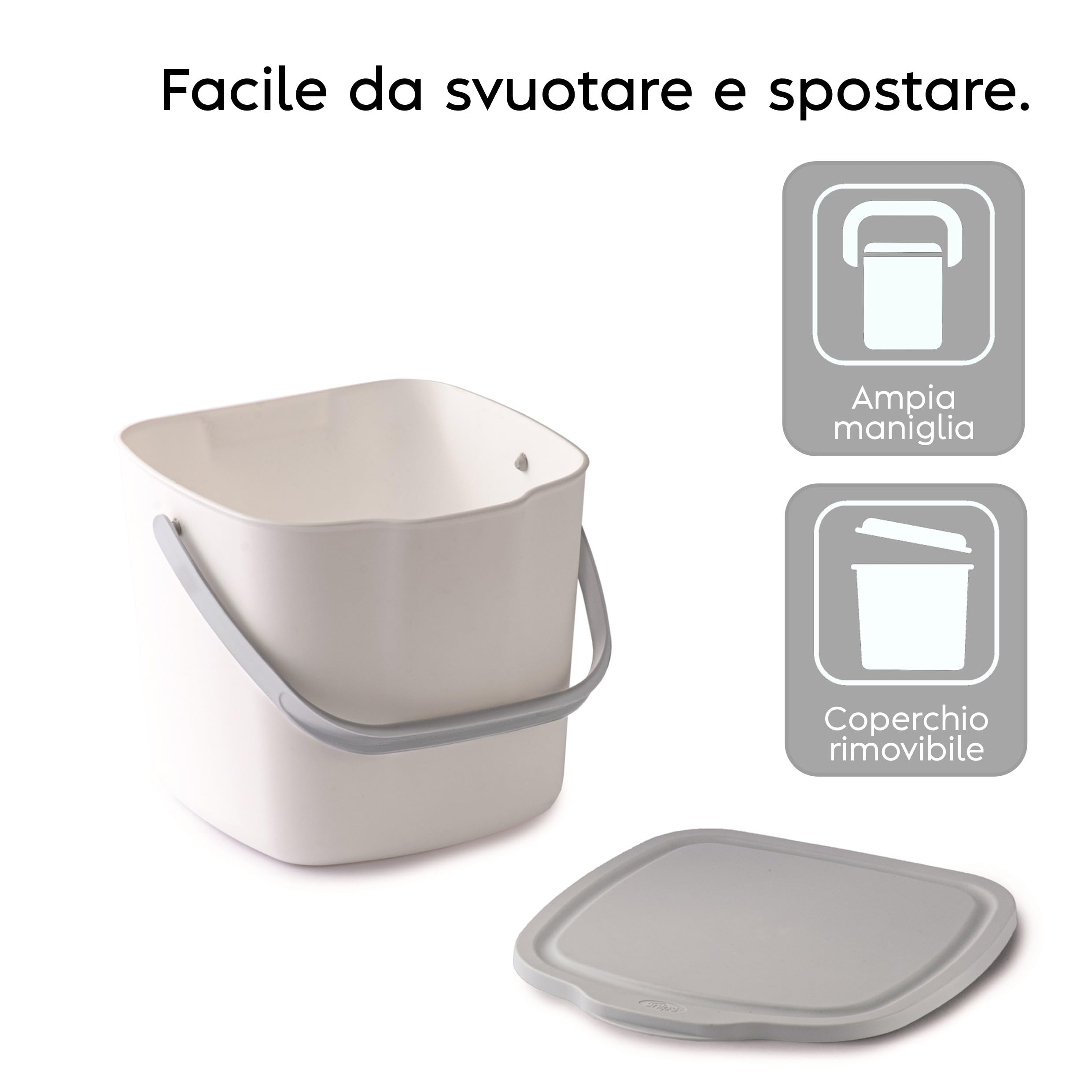 Poubelle Compost Cuisine avec Couvercle et Poignée 3L, Composteur Cuisine, 20,5 x 18,5 x 16,7 cm, Blanche Made in Italy