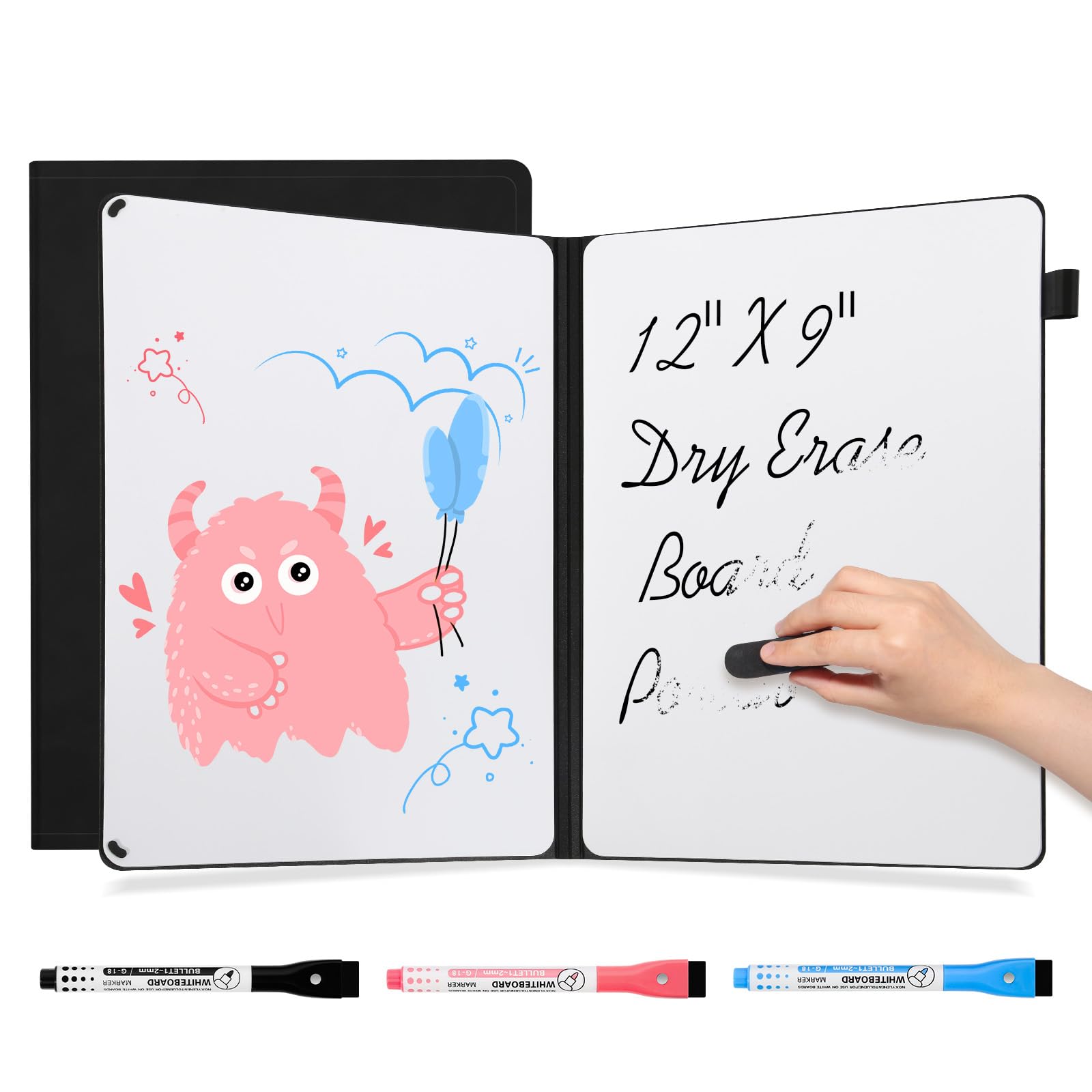 AGM Portable White Board Dry Erase Notebook, 12" x 9" Double Sided Folding Whiteboards with 3 Pens, Small Travel Dry Erase Board Skin-Friendly