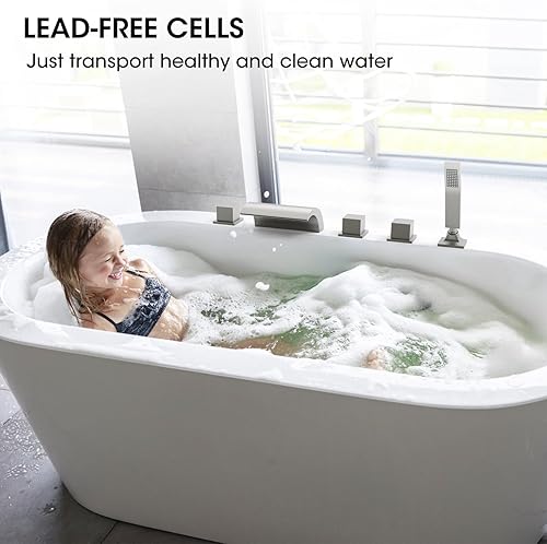 Miniatura 2 de Hanallx Grifo romano para bañera de hidromasaje, grifo de bañera de níquel cepillado, grifos de baño de latón con ducha de mano