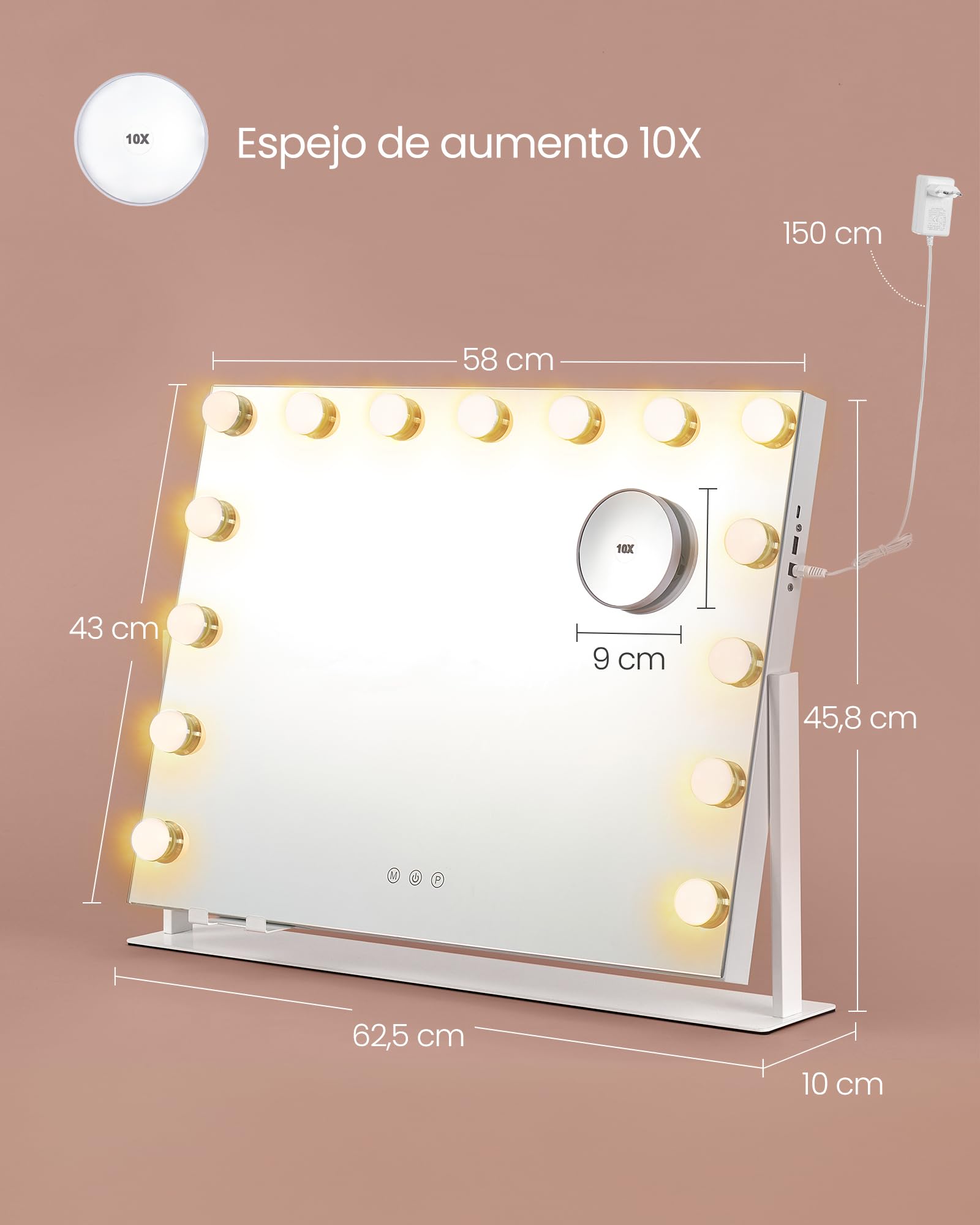 SONGMICS Espejo de Maquillaje con Luz LED Regulable, 80 x 60 cm, Blanco Mate