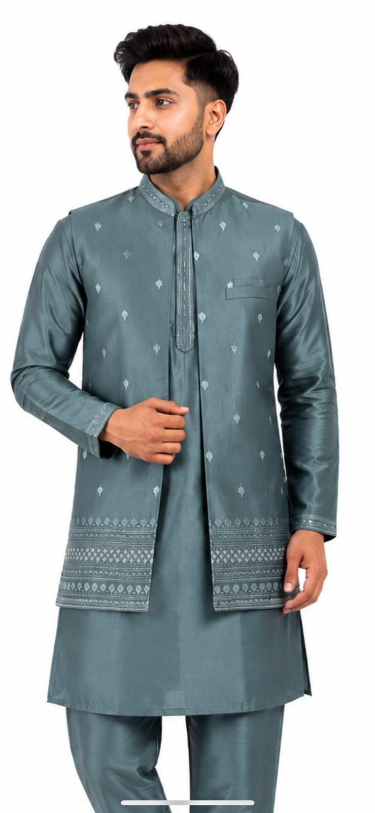 Men’s Kurta Pant Set with Embroidered Jacket Green-picture-35