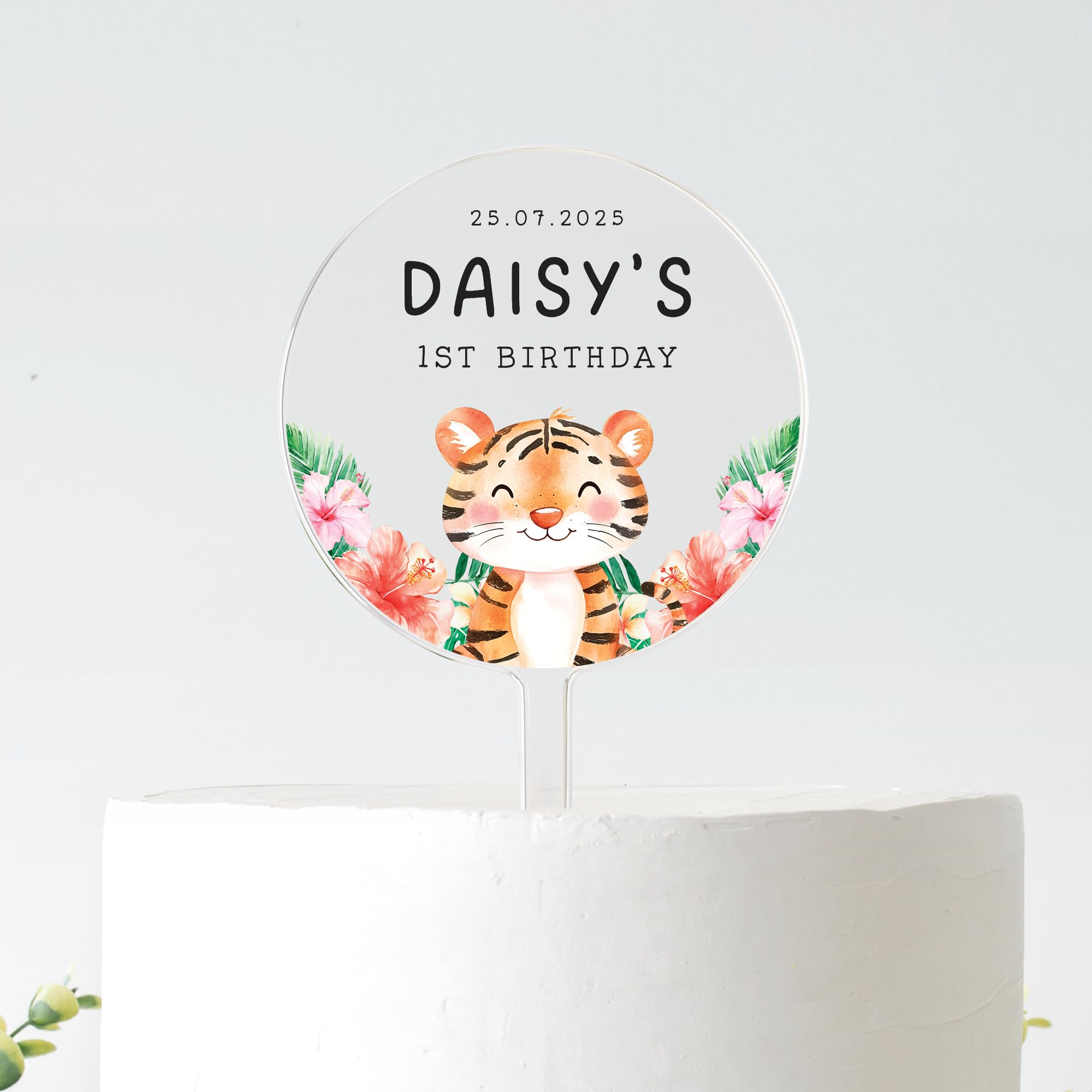 Personalised Tiger Birthday Cake Topper | Jungle Safari Theme | Custom Name & Age | Frosted Acrylic | 10cm or 12cm (BLACK TEXT, 12CM)