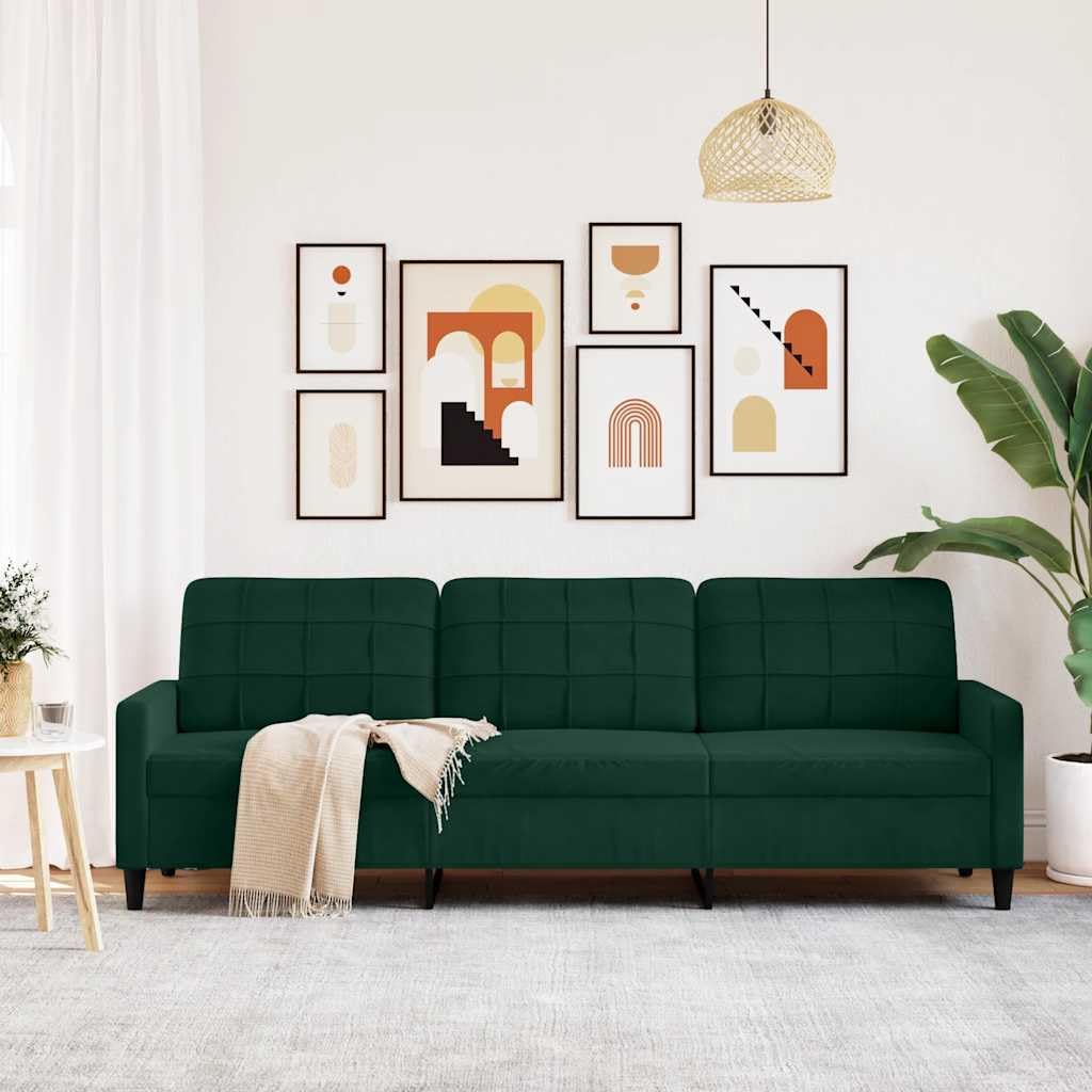 Divano a 3 Posti in Velluto Verde Scuro 226 cm per Soggiorno | Divano relax per salotto e studio con stabile telaio in metallo, imbottitura spessa e confortevole seduta da 210 cm.