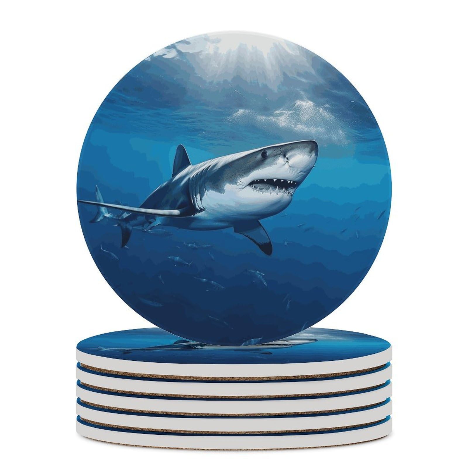 Ocean Sea Animal Shark Coaster with Cork Base Drink Coasters for Coffee Table Decor Modern Cup Coasters with Non-Slip & Heat-Resistant Cute Ceramic Table Coaster for Home Dining