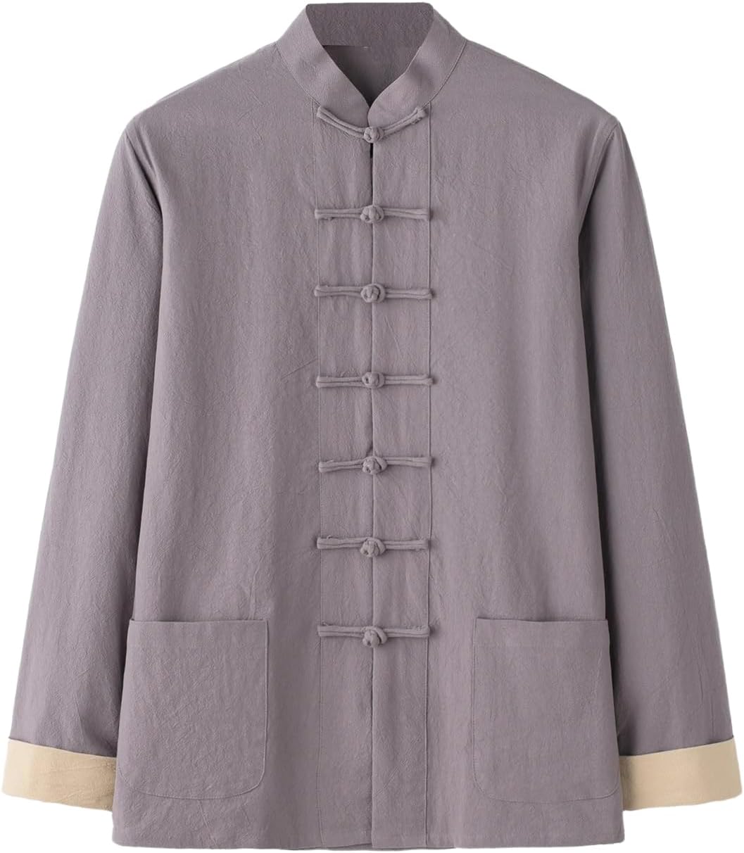 Mens Cotton Comfy Loose Long Sleeve Button Up Kung Fu Shirt Pockets Arts Traditional Tang Suit Tai Chi Clothing