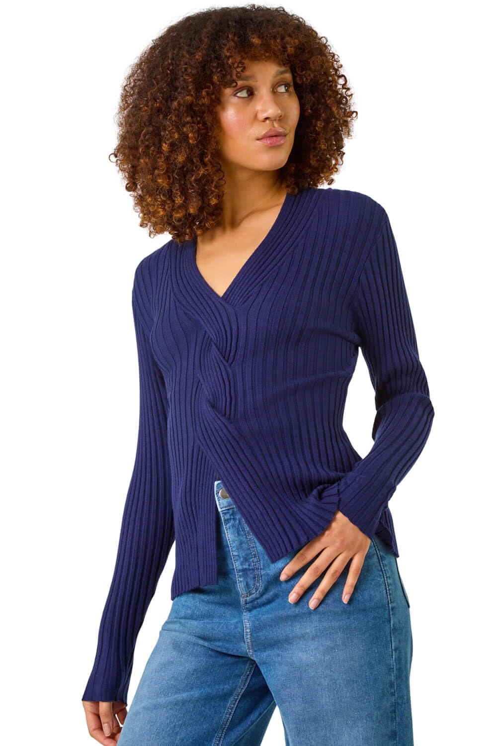 Roman Women's Navy V-Neck Cable Ribbed Knit Jumper Size 10