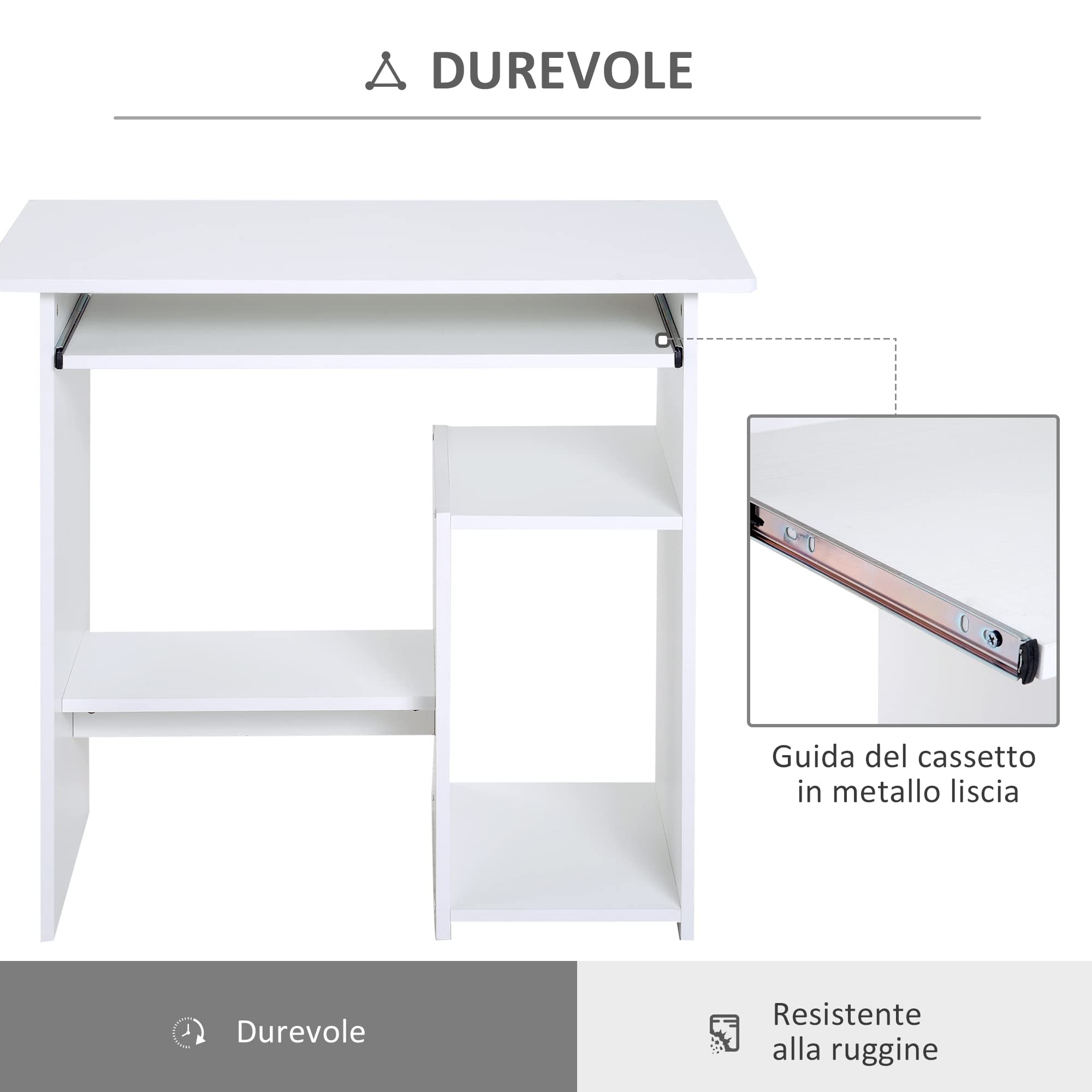 HOMCOM Scrivania Salvaspazio da Casa e Ufficio Porta PC 80x45x75cm Bianco | Scrivania per Computer Moderna, Porta PC, Ripiano per CPU, Mensola per Tastiera Estraibile in Legno