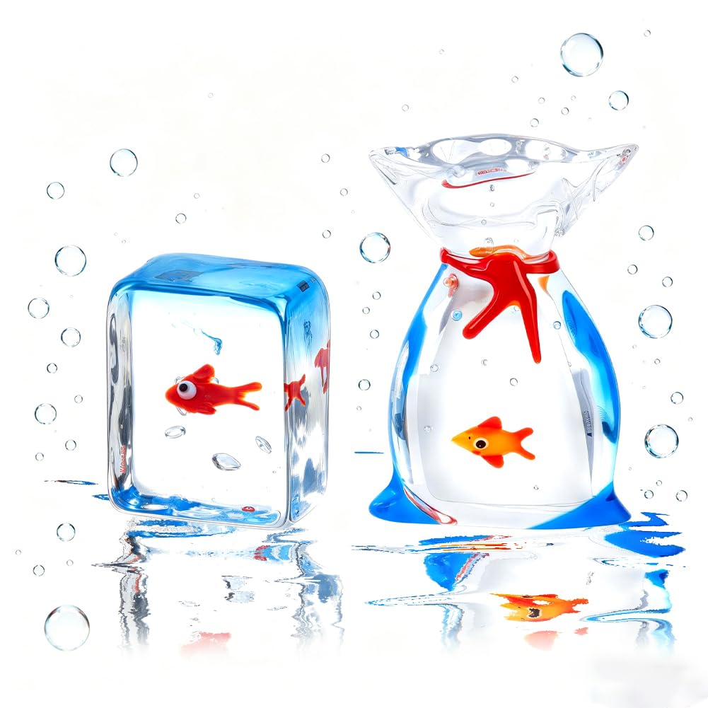 AHANDMAKER 2 Pieces Mini Glass Goldfish Figurines 2 Styles 1" Goldfish in a Bag for Aquarium Decor Minihouse Miniature DIY Craft Gift Scene Ocean Lover