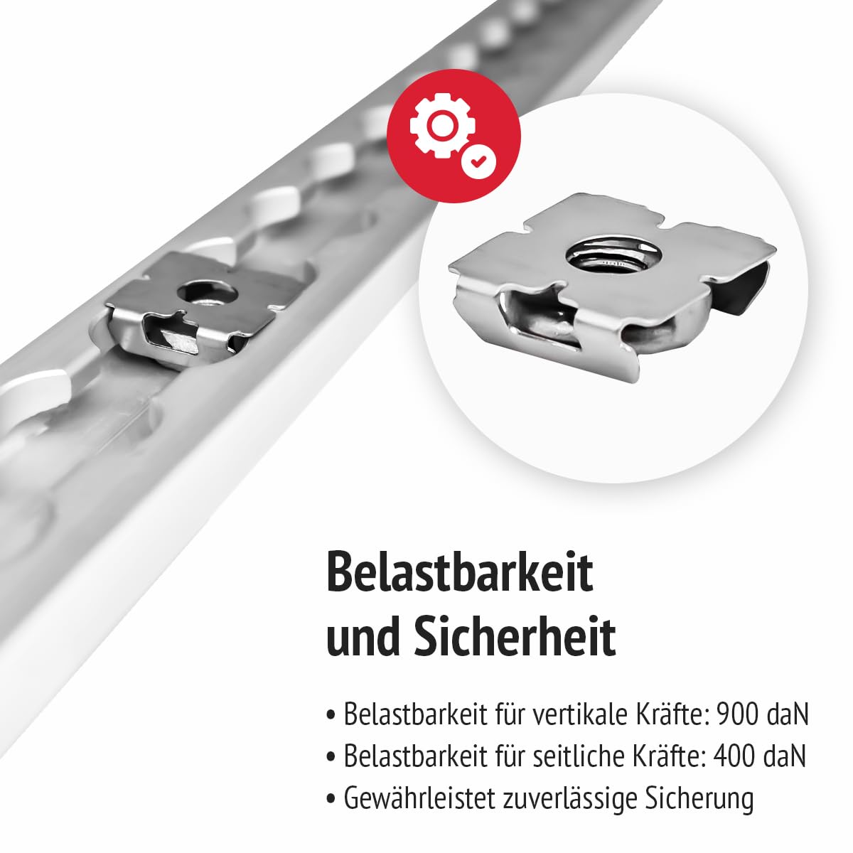 Zurrschienenmutter M8 für Airlineschiene | Airlineschiene Fitting im 10er Set, mit Clip zum Einsetzen | Belastbarkeit: 900kg (vertikal), 400kg (horizontal); Größe: 24,3 x 19,1 x 7,3mm