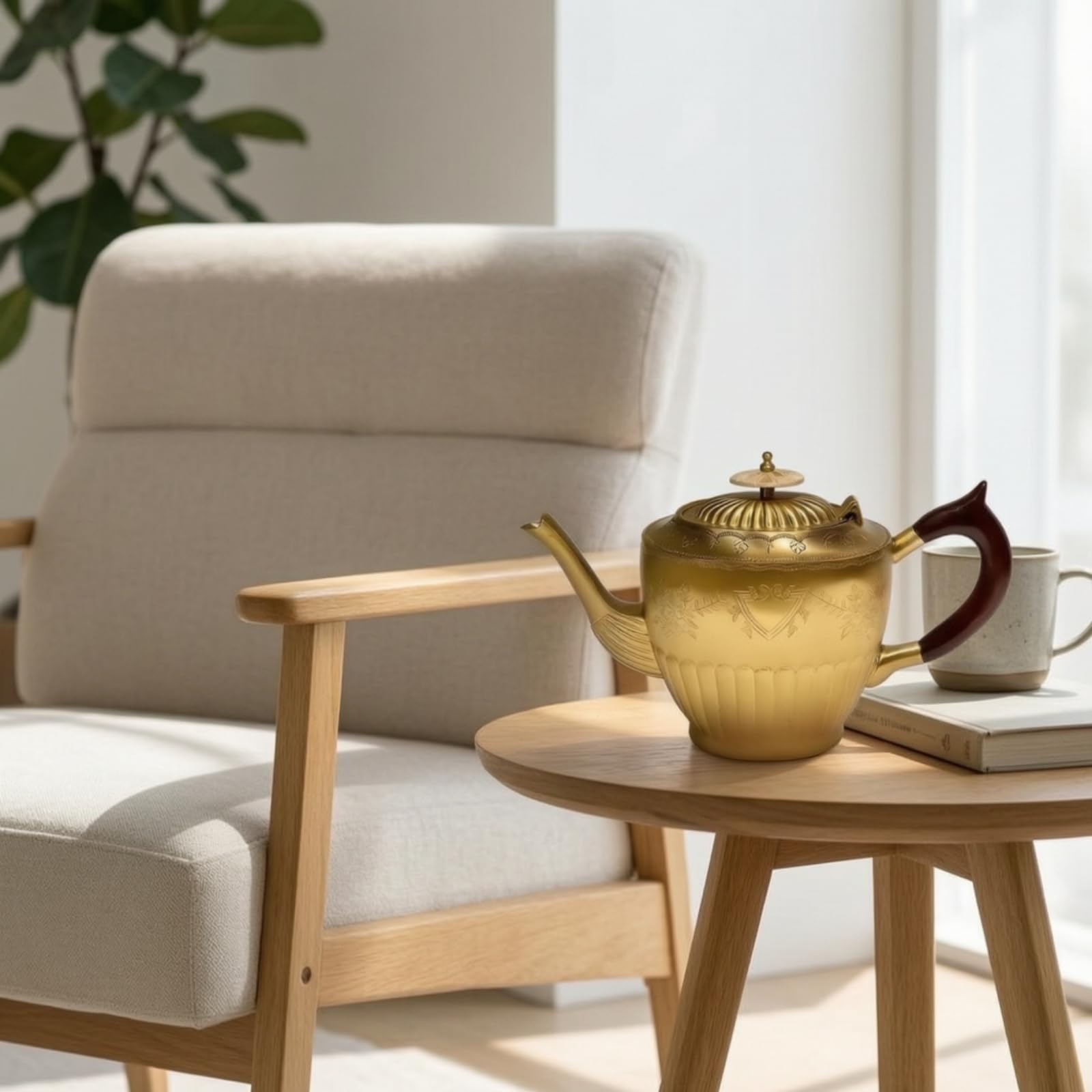 Teiera in Ottone Teiera Bollitore Caraffa Brocca con Lavorazione Artigianale Corpo Rigato a Profilo Tondo Coperchio Impreziosito Legno Scuro Metallo