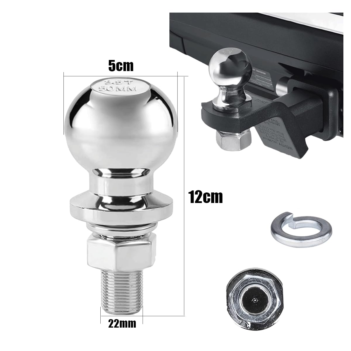 Boule D'attelage Remorque 50mm - Boulon Tête Sphérique 2T - Pour Rail Agricole Droit