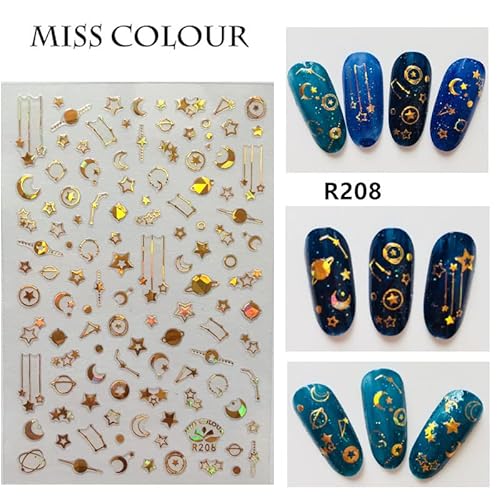Jmeowio Luxury Gold Star Moon Nail Art Stickers 6 Sheets 3D Self Adhesive Pegatinas Para Uñas Gold Metallic Line Decals Starry Sky Exquisite Design Manicure Tips Nail Decoration For Women Girls thumb #4