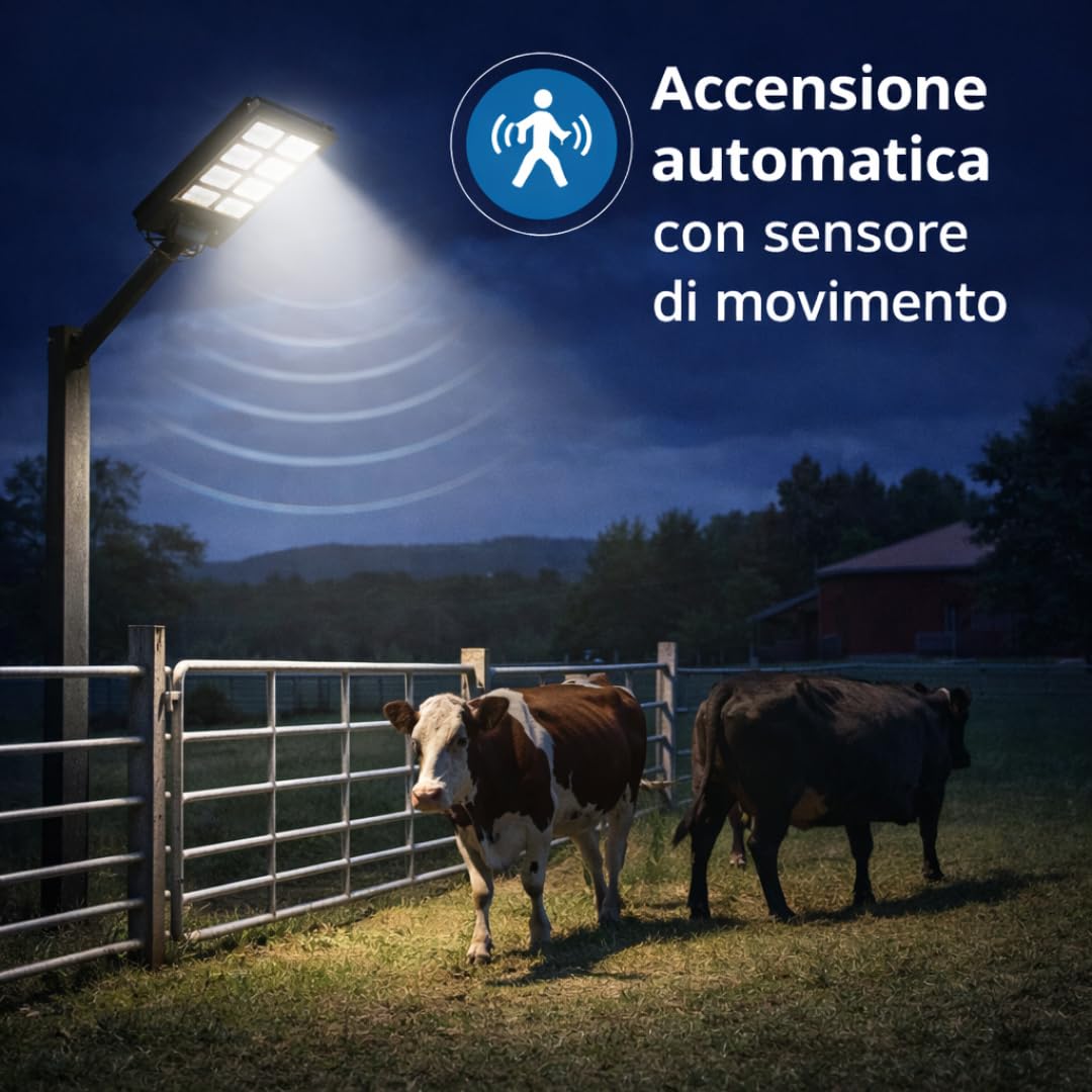 DE ROSA SHOP Lampione LED Esterno con Pannello Solare 1200W, 6500K Bianco Freddo e Sensore Di Movimento 18000mAh, Telecomando + Staffa IP65 Impermeabile
