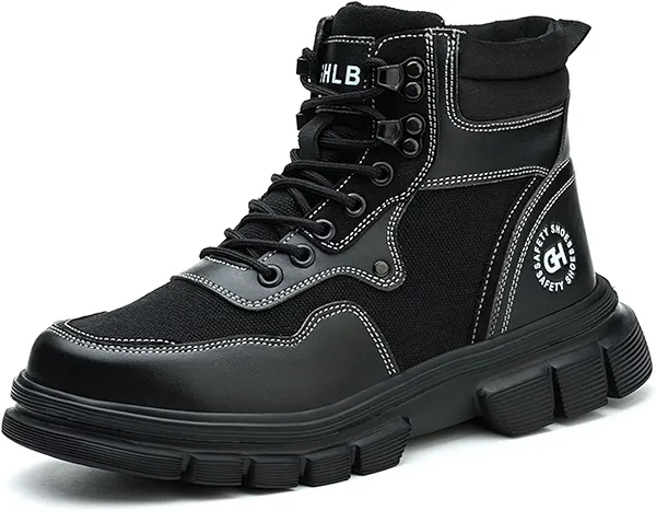 IQAXC Work Safety Boots for Men Waterproof Lightweight Leather Mid Cut Arch Support Steel Toe Construction Sneakers