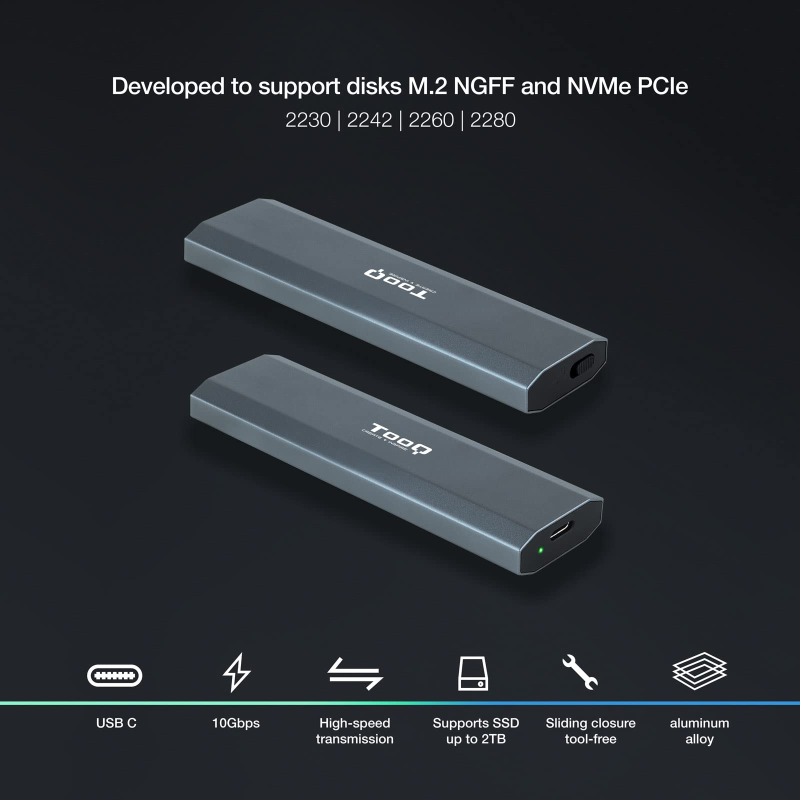 TOOQ TQE-2223G obudowa do dysku SSD M.2 NVMe PCIe, złącze USB-C (USB 3.1 Gen2 10 Gb/s), aluminium, łatwe otwieranie, kolor szary, 42 g.