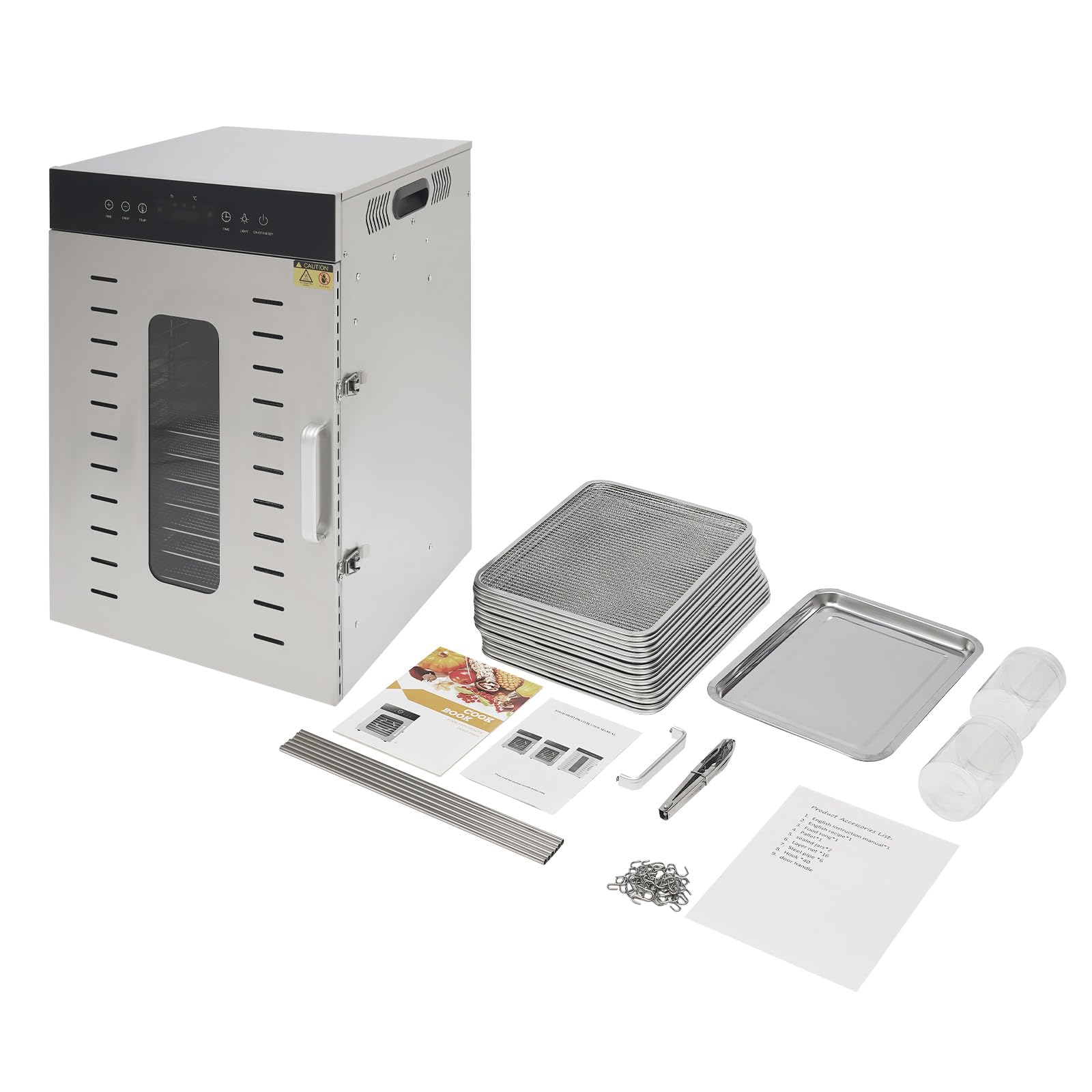 Deshidratador de acero inoxidable con 16 niveles, control de temperatura de 20 – 90 °C, temporizador de 24 horas y libro de recetas, 1370 W, doble ventilador deshidratador para un secado eficiente de