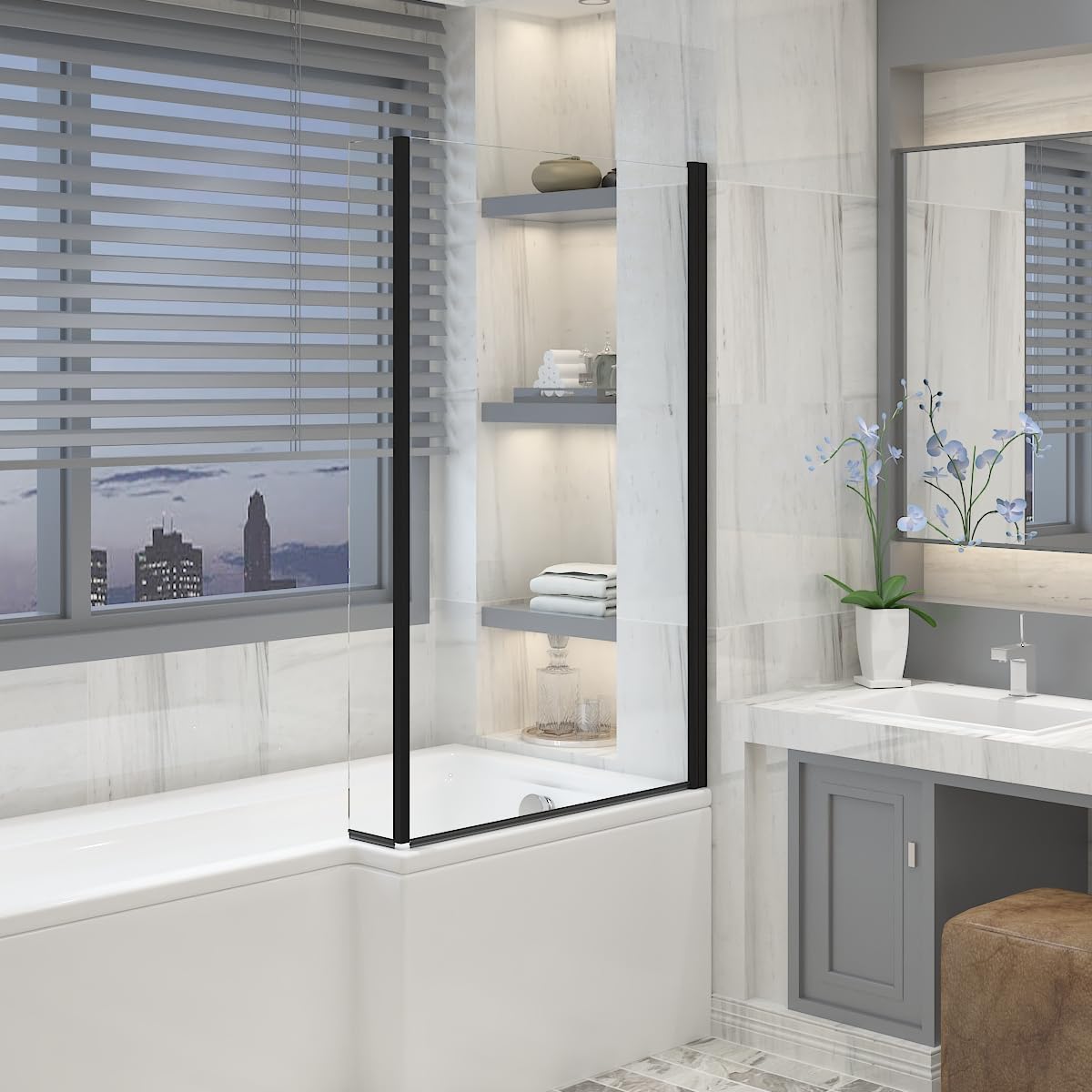 Aquariss Black 1400x810mm Pivot L Shape Bath Screen with Fixed Return Panel 6mm Toughened Safety Glass Aluminium
