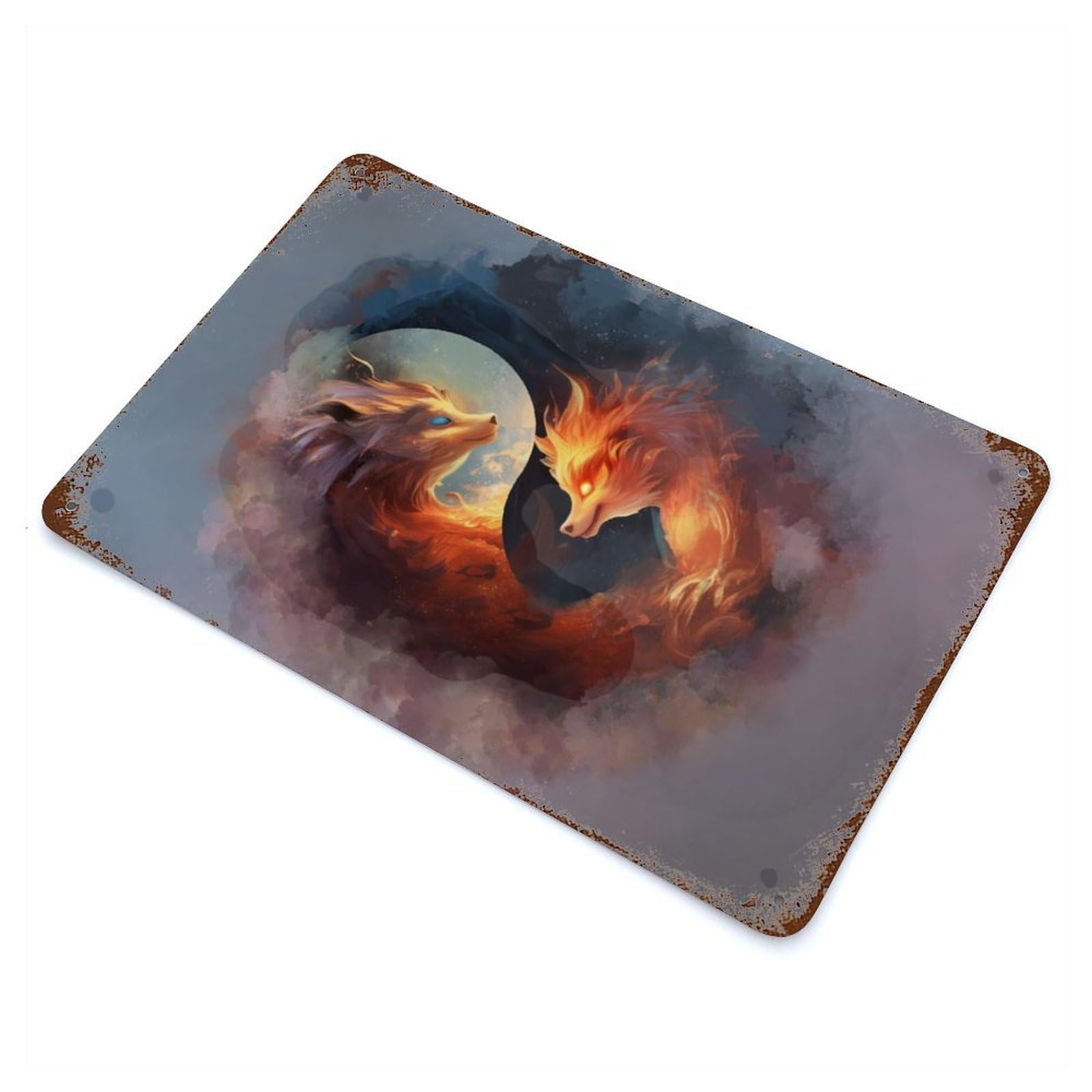 Fox Yin Yang Japanese 11.8"x7.9" Vintage Metal Tin Sign, Novelty Wall Decor for Basement, Hobby Room And Garage Decor