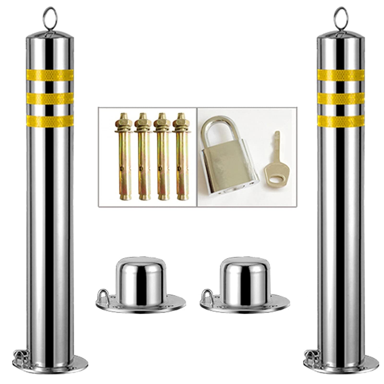 HCZKIUJY Car Parking Space Lock Bollard Stainless Steel Parking Cones Removable Road Pile Anti-Collision Parking Barriers Column Set of 2 (600mmx76mm)