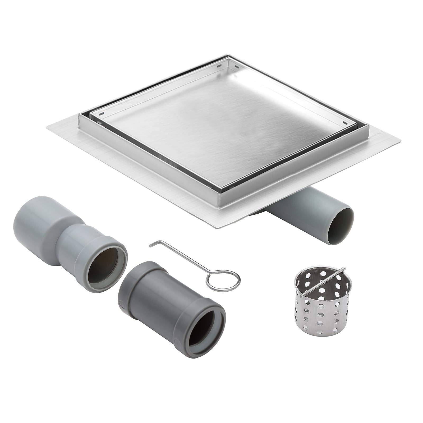 KEOKBON 20cm Square Shower Drain, 304 Stainless Steel Bathroom Floor Drain with 360° Odour Seal & 2-in-1 Hair Catcher, Tile-Over Linear Shower Waste Kit Includes DN40 and DN50 Adapters DN50 DN40