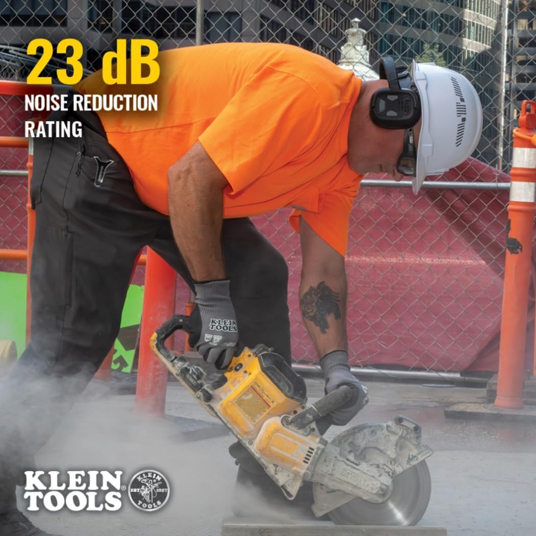 Klein Tools AESBH1 Behind-the-Head Bluetooth Ear muffs,NRR 23dB Hearing Protection, Works with Hard Hat, 70hr Runtime, for Loud Jobsites