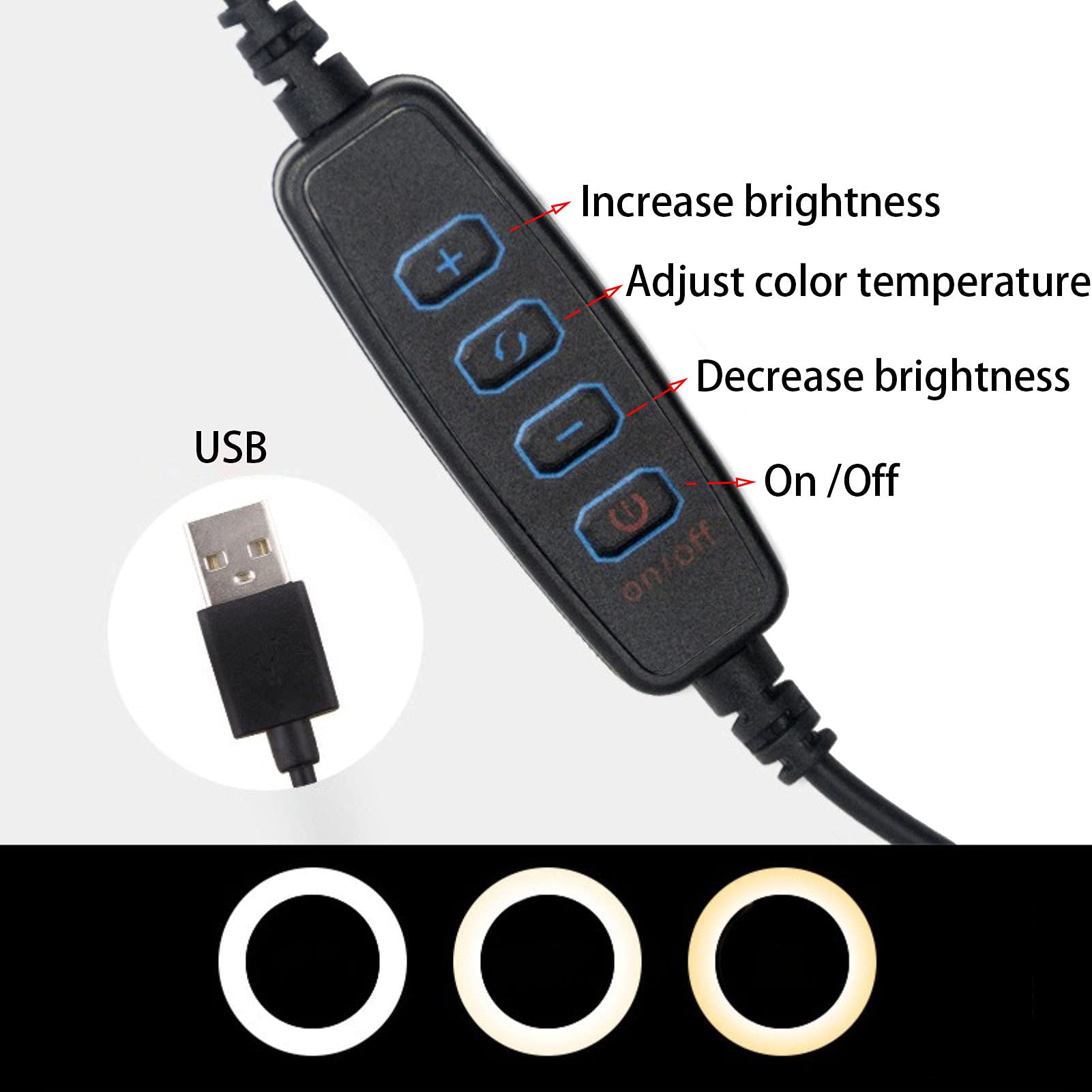 Anello luminoso per selfie da 25 cm, con supporto per treppiedi e supporto per telefono, con LED USB, dimmerabile, per trucco/YouTube/TIKTok/Video/streaming