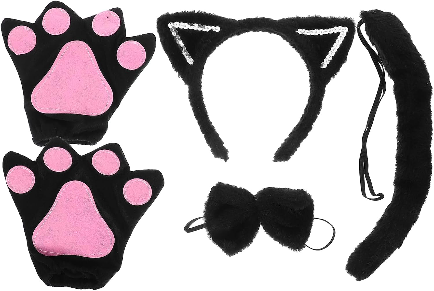4PCS Cat Costume Set: Halloween Kitty Ears Headband Tail Bowtie Gloves for Kids Cute Cosplay Accessories