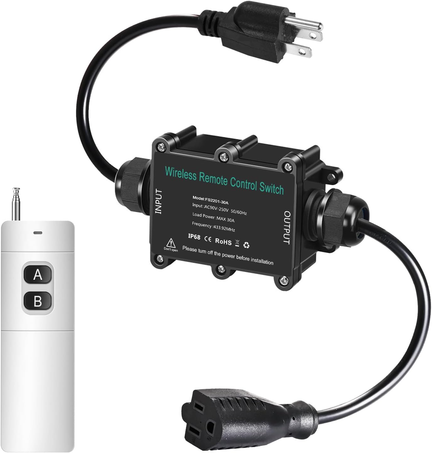 AC110V Waterproof Remote Power Switch, 20amp Wireless Remote Control Outlet Plug Switch with Long Range Remote, Outdoor Weatherproof Smart Outlet