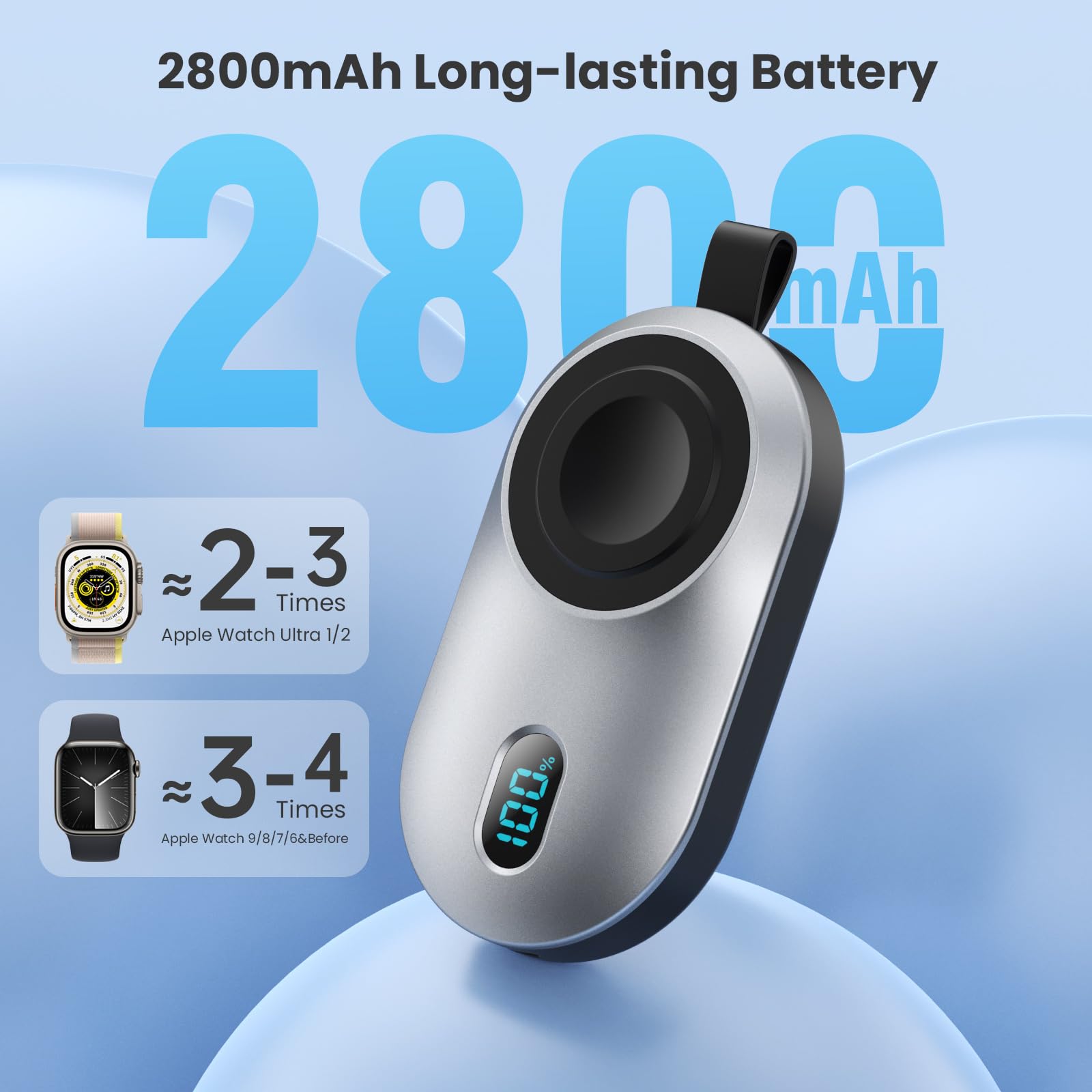 [Paquete de 2] Cargador inalámbrico portátil para Apple Watch, cargador magnético compacto para iWatch de 2800 mAh, banco de energía, llavero de viaje, cargador de reloj inteligente para Apple Watch