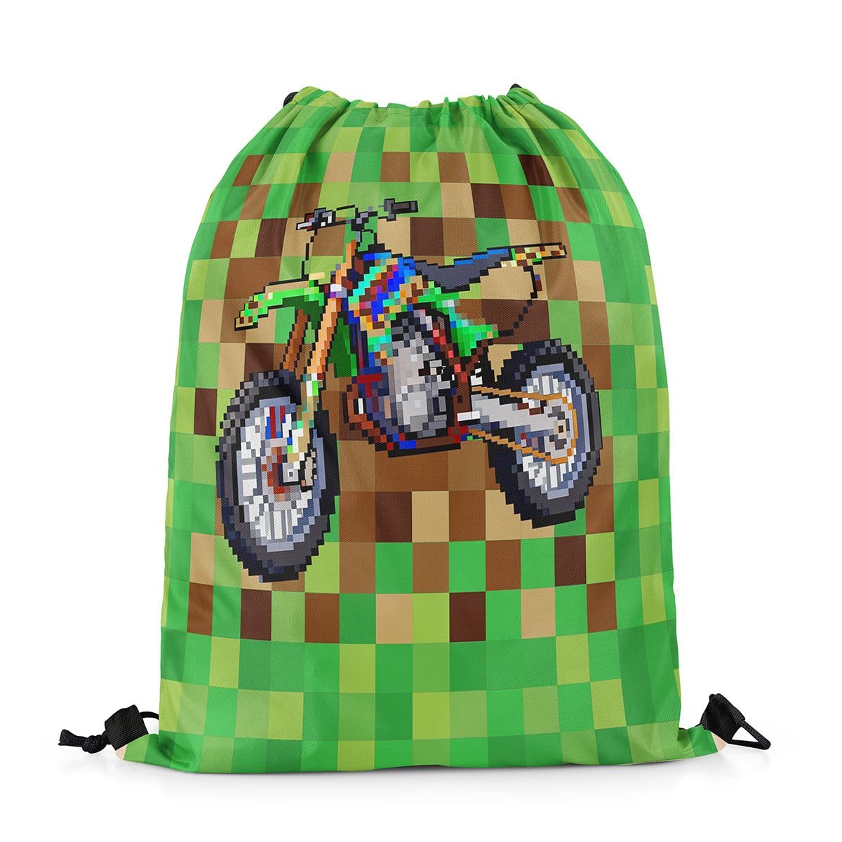 Castle Fairy Cool Motorcycle Drawstring Backpack 13"X23",Pixelated Geometric Grid Water Resistant Beach Bag,Miners Gamepad String Bag for Shopping Yoga,Brown Green Sackpack for Gym Sports