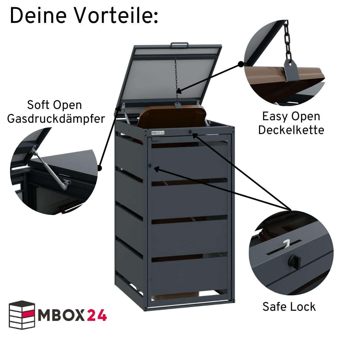 Classic Mülltonnenbox für 3 Mülltonnen (240L) aus verzinktem Stahl, 3er Metall Mülltonnenverkleidung in Anthrazit, robust & wetterfest