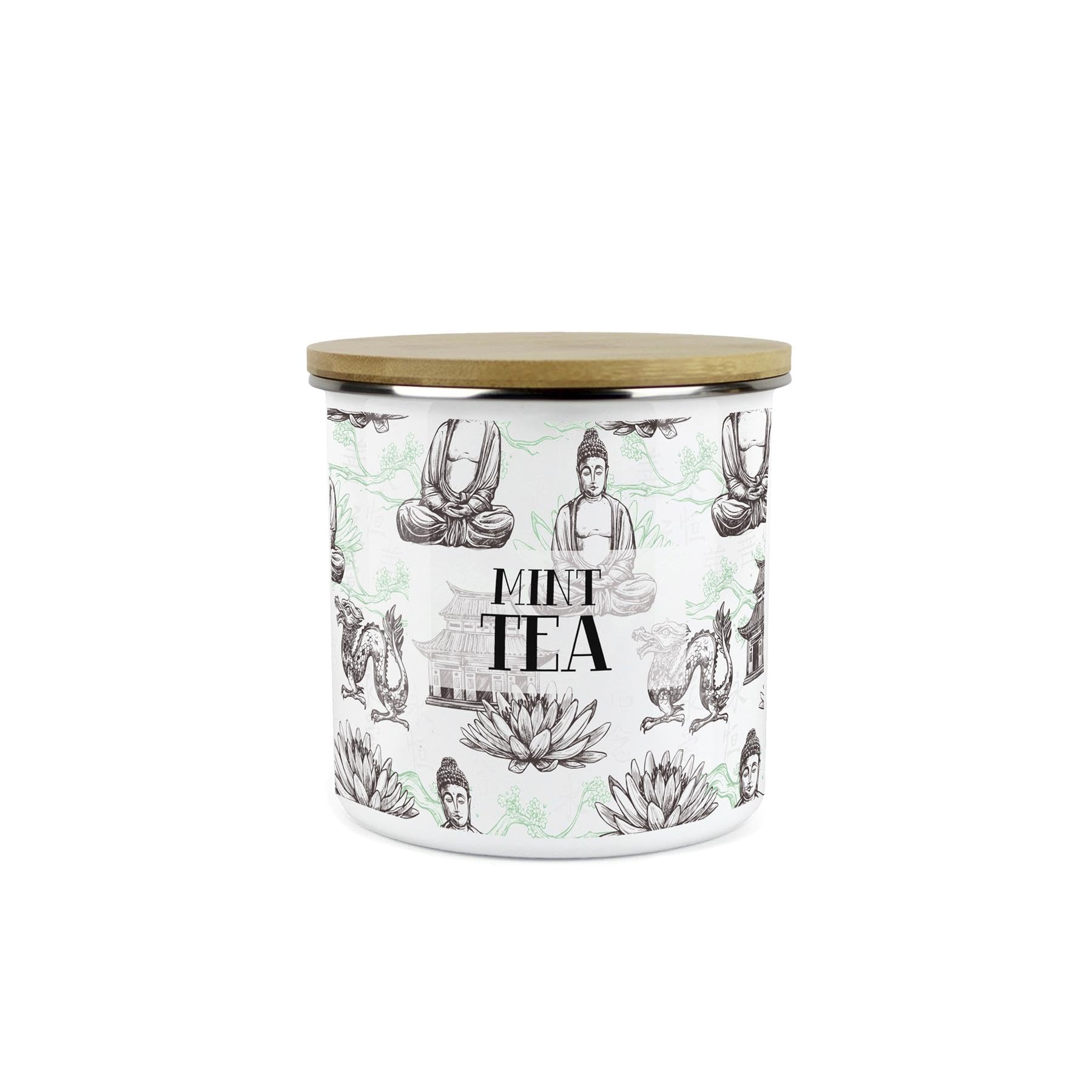 Purely Home Mint Tea Asian Style Storage Canister - Continental Design Metal Enamel Medium Sized Food Storage Container