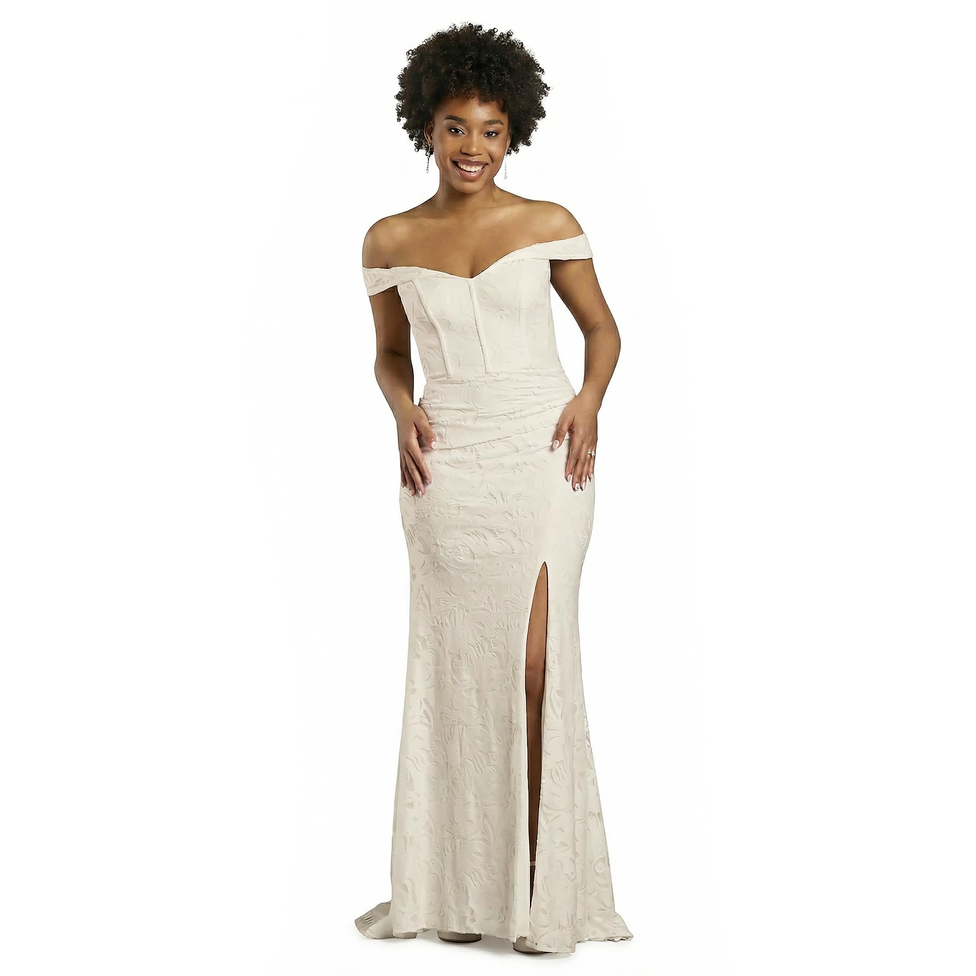 Photo 1 of David's Bridal The Edit Studio Soft White Corset Bodice Lace Off the Shoulder A Line Wedding Dress with Side Slit, Bridal Gown with Flattering A Line Silhouette for Ceremonies and Reception - M