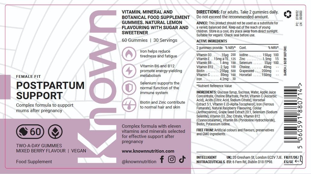 Known Postpartum Support Gummies – Red Fruit Flavour – Vegan Multivitamin Gum Supplement with Iron, Biotine, Choline & Vitamins – Post-Pregnancy Recovery & Energy – 1 Month Cure
