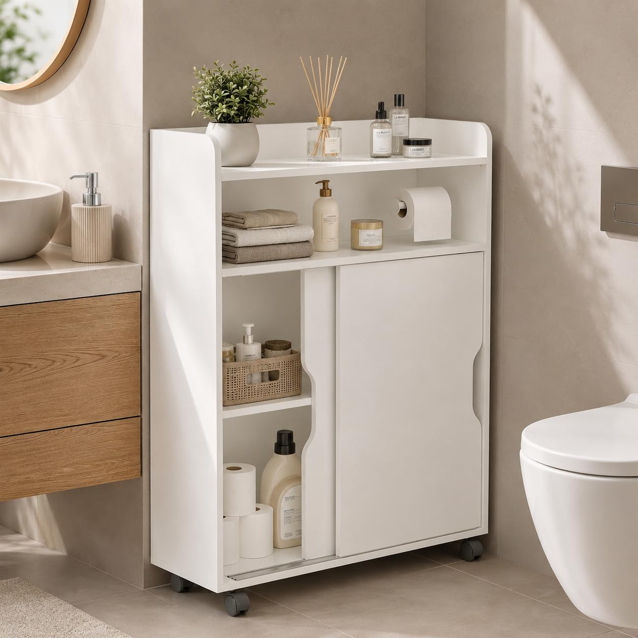 APICIZON Badezimmerschrank mit Rollen, Badschrank Schmal, Nischenschrank