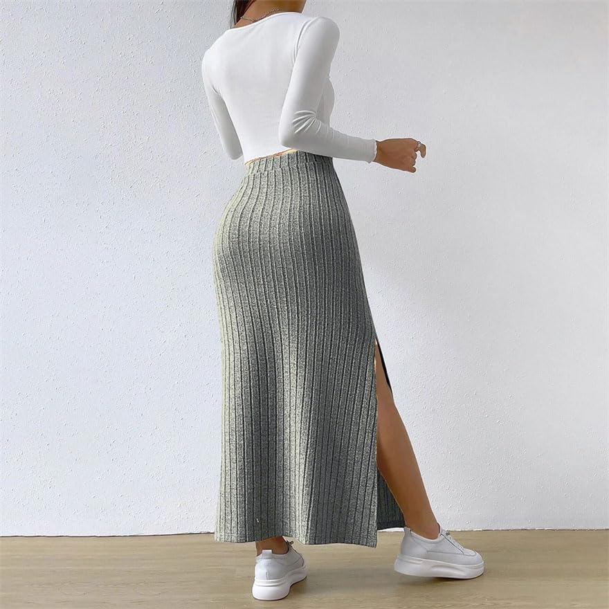 Women Slim Knit Midi Skirts Solid Vintage Elastic Waist Skirt Casual Pencil Skirt4
