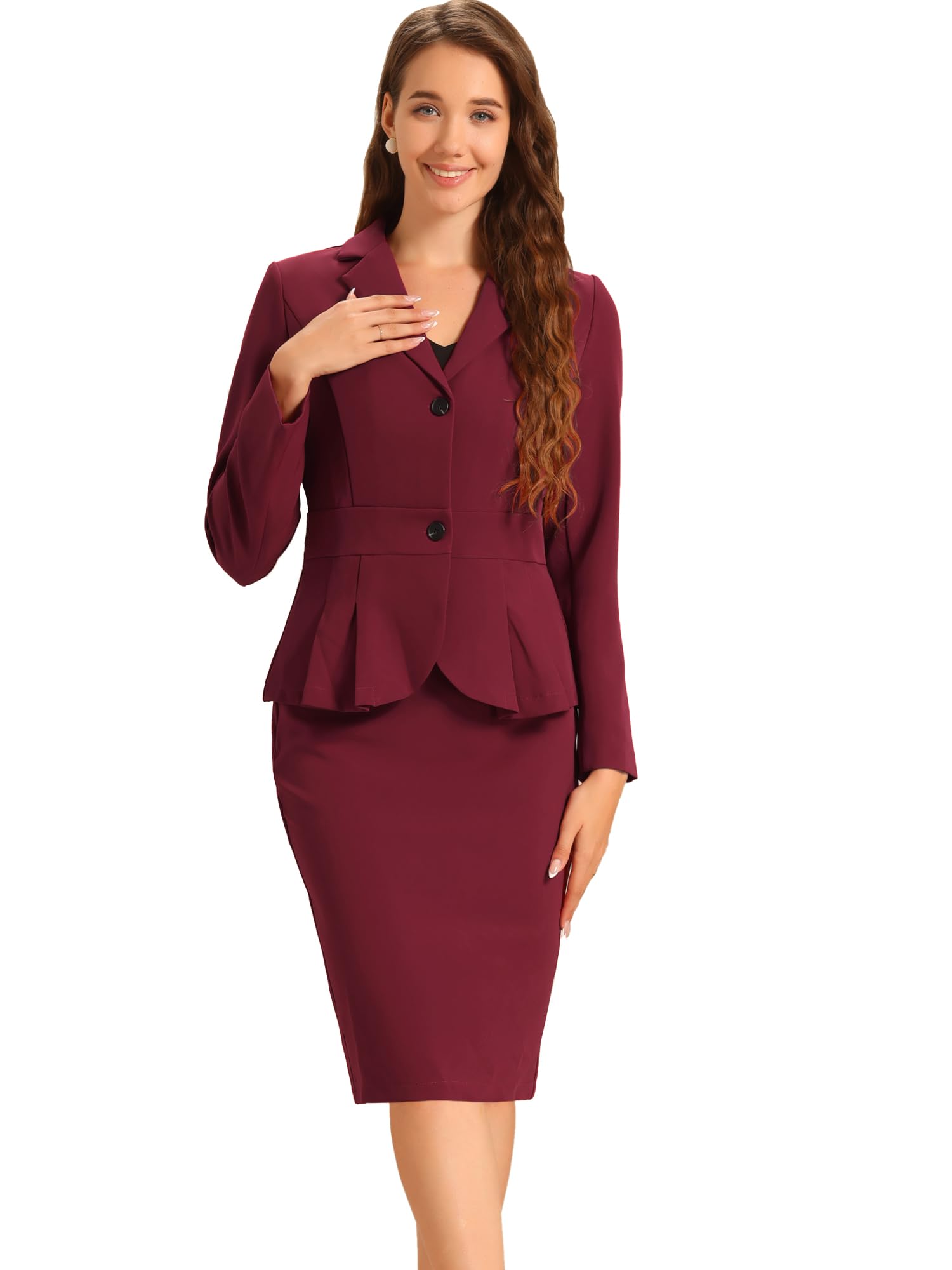 Allegra K Ensemble 2 pièces de jupe de costume pour femme, blazer et jupes crayon, tenues formelles, bureau, affaires, tenues décontractées, rouge vin, Taille M