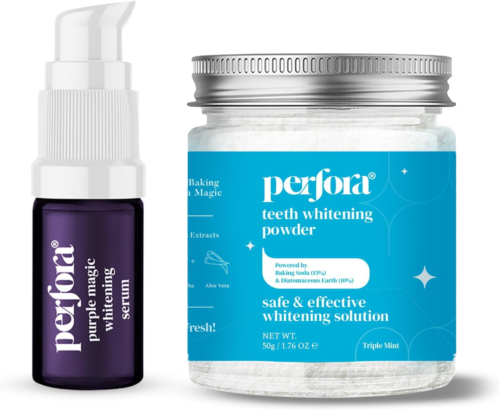 Perfora Radiant Smile Combo - Mini | Purple Magic Whitening Serum - 10ml & Teeth Whitening Powder - 50g | Enamel Safe Oral Care & Effective Teeth Whitener Solution