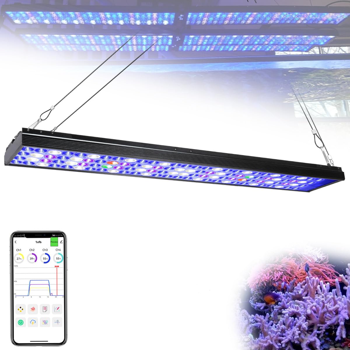 PopBloom Reef Aquarium Light Marine Full Spectrum Marine Fish Tank Lighting for 80-100cm Saltwater Fish Tanks Reef Lighting Aquarium Coral Light