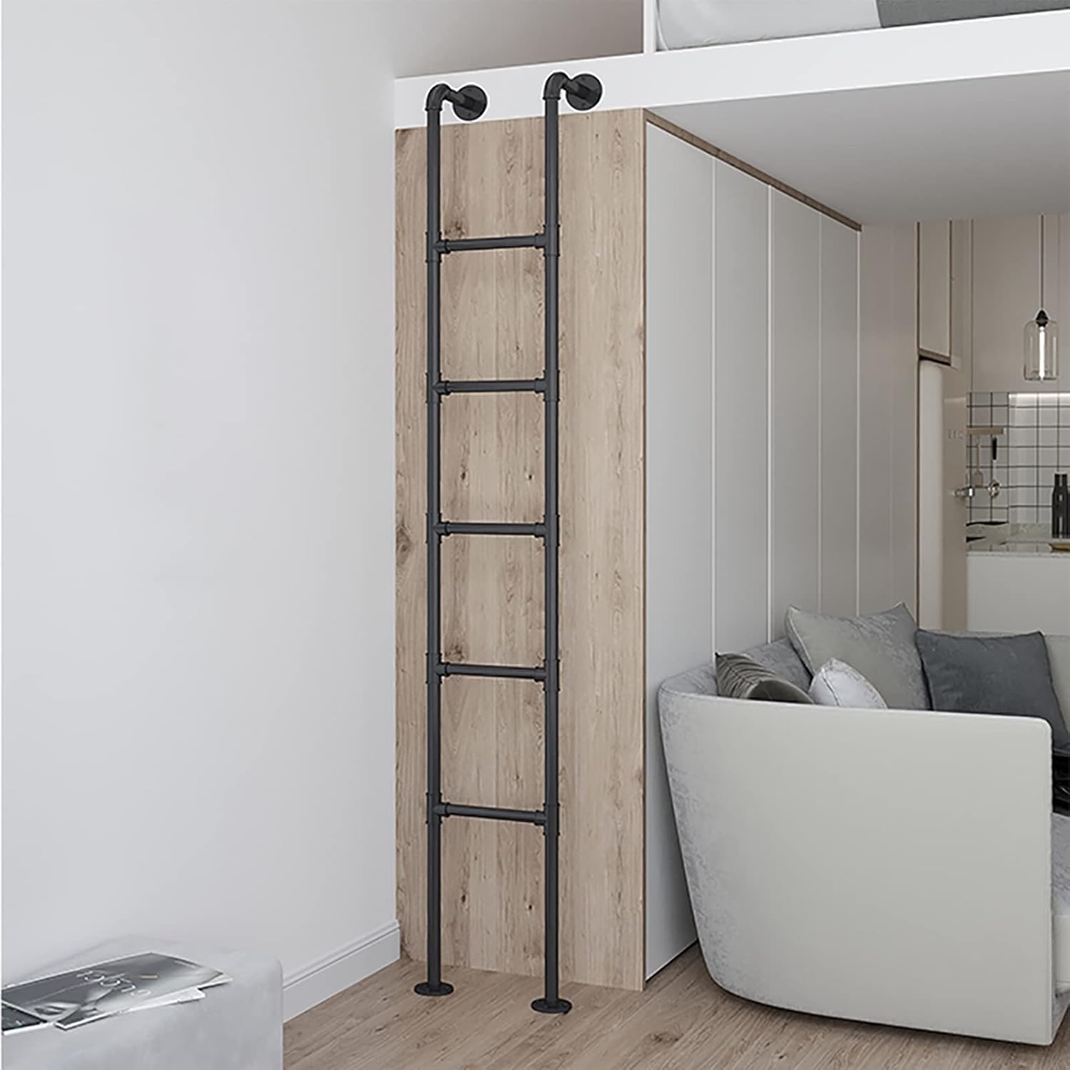 Bunk Bed Ladder Industrial Style Tube Bunk Bed Loft Ladder, 45"/50"/55"/59"/60"/63"/65" Tall Metal Step RV Ladder for Home/Appartments/Camper, Easy to Install