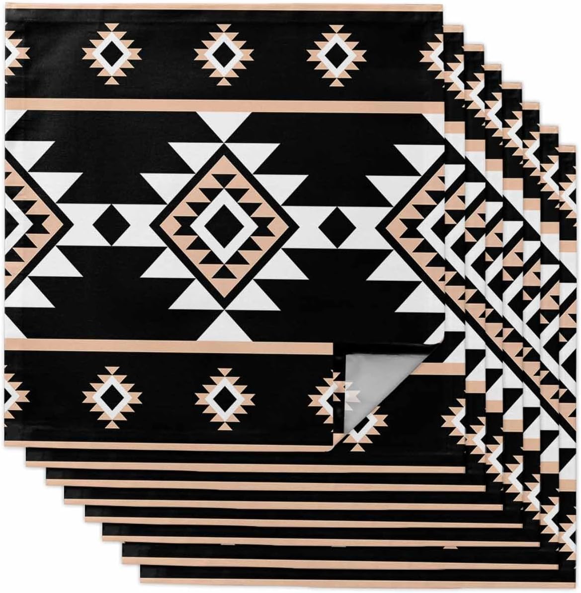 Dinner Cloth Napkins Set of 8 Washable Soft Ethnic Tribal Geometric Napkin Classic Black Beige Boho Diamond Reusable Napkins for Party Wedding Kitchen Dining Table