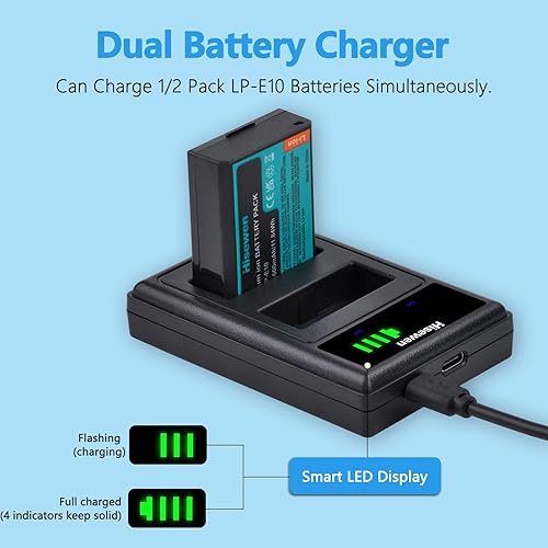 Miniatura 4 de Hisewen Batería LP-E10 y cargador dual para Canon EOS Rebel T7 T6 T5 T3 T100 Kiss X90 X80 X70 X50 1100D 1200D 1300D 1500D 2000D 3000D 4000D Cámara