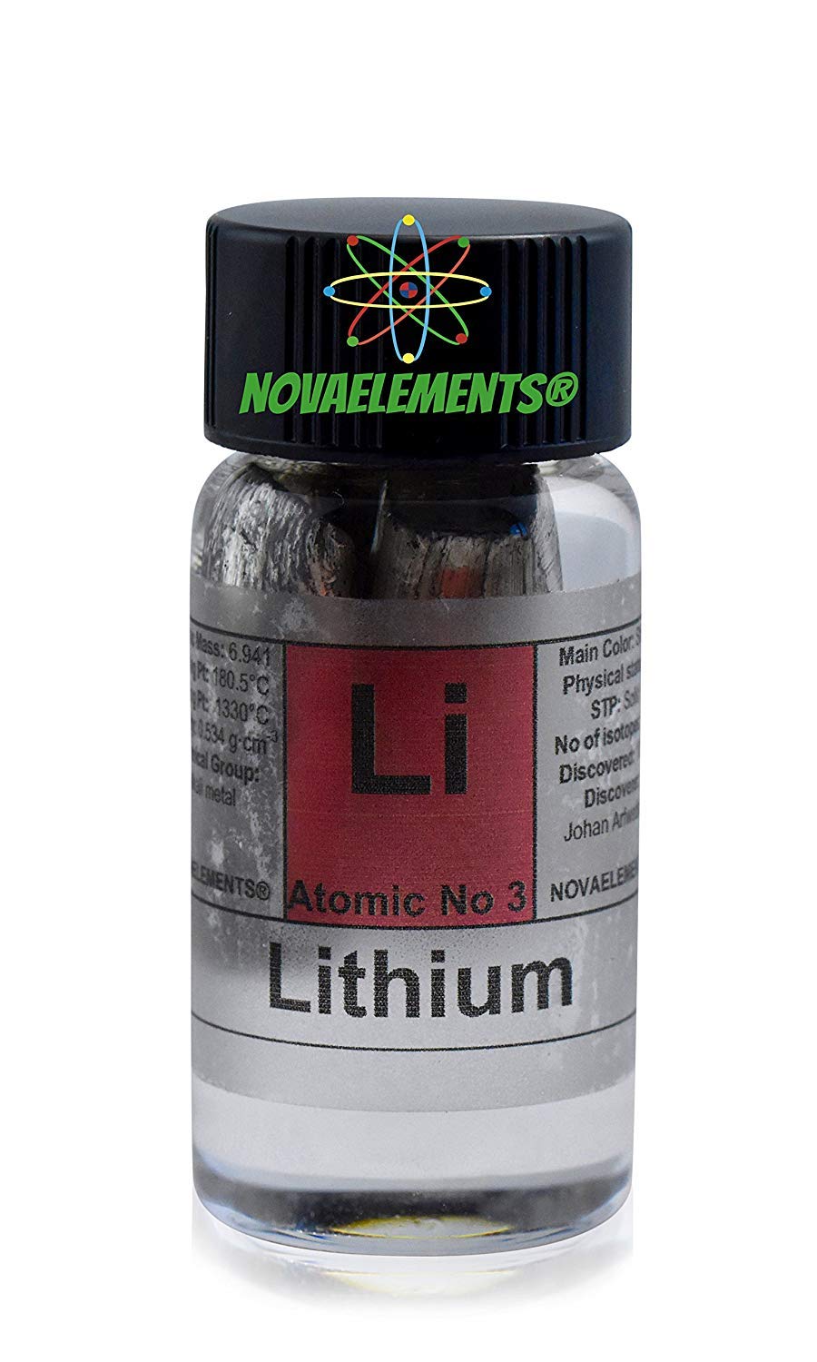 Litowy metalowy element 3 Li, czysty kampion 1 gram w oleju mineralnym 99,95% w szklanej fiolce z etykietą