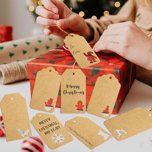 150 etiquetas de presente de papel de Natal marrons com cordão, 12 designs diferentes de etiquetas d