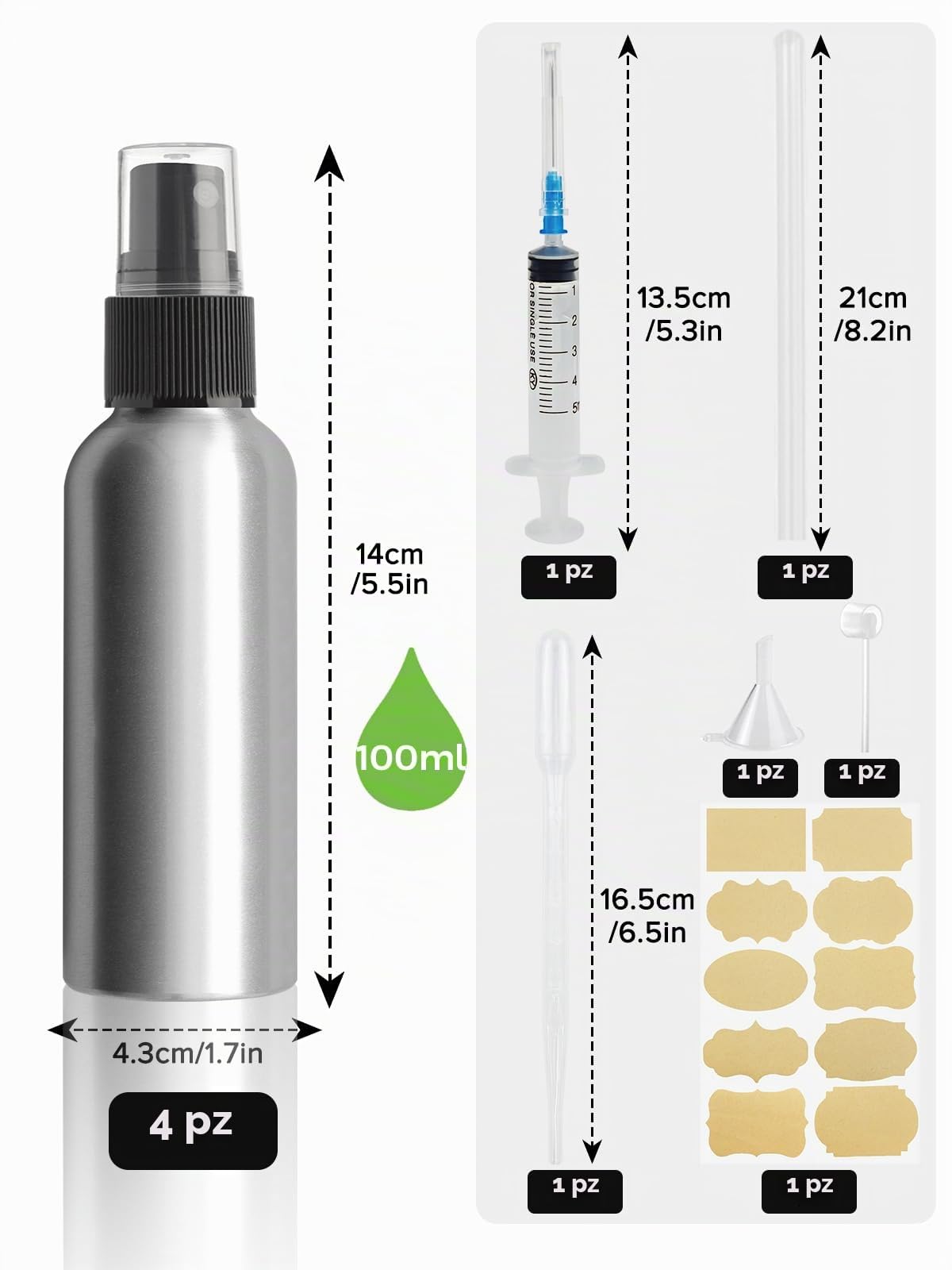 4 Piazza 100ml Flacone Spray Vuoto,Alluminio Bottiglia Spray,Contenitore Spray Vuoto,Portaprofumo Da Viaggio,Spray Superfine Flaconi Spray Vuoti,Atomizzatore Con Etichette,Imbuti,Siringhe