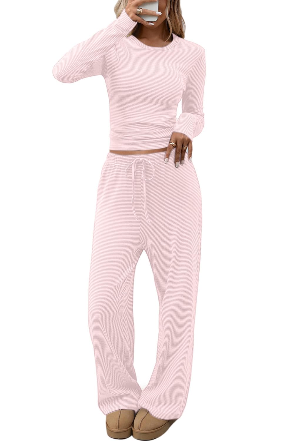 CHYRII Womens Two Piece Sets Fall Fashion Striped Long Sleeve Tops Wide Leg Palazzo Pants Outfits Loung Sets