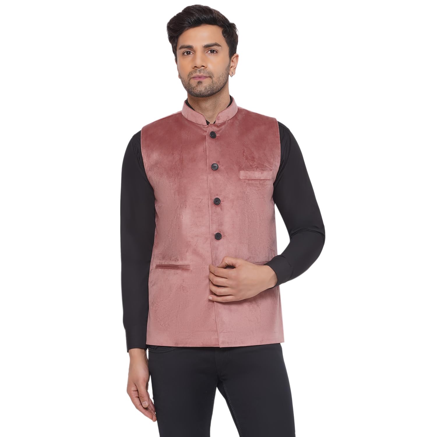 Velvet Solid Nehru Jacket for Men (Peach)-image-4